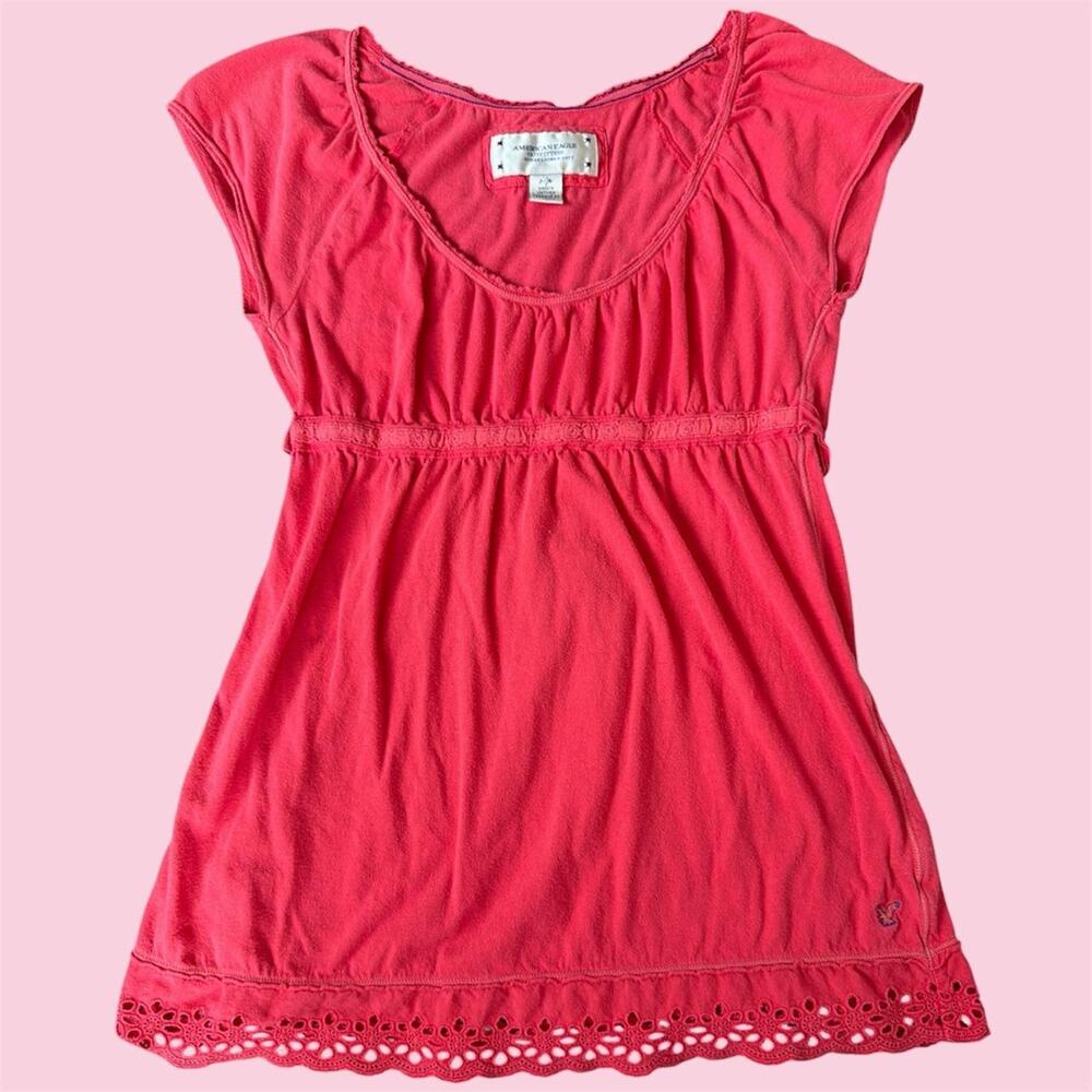 Y2K American Eagle Outfitters red babydoll top with lace trim and tie back